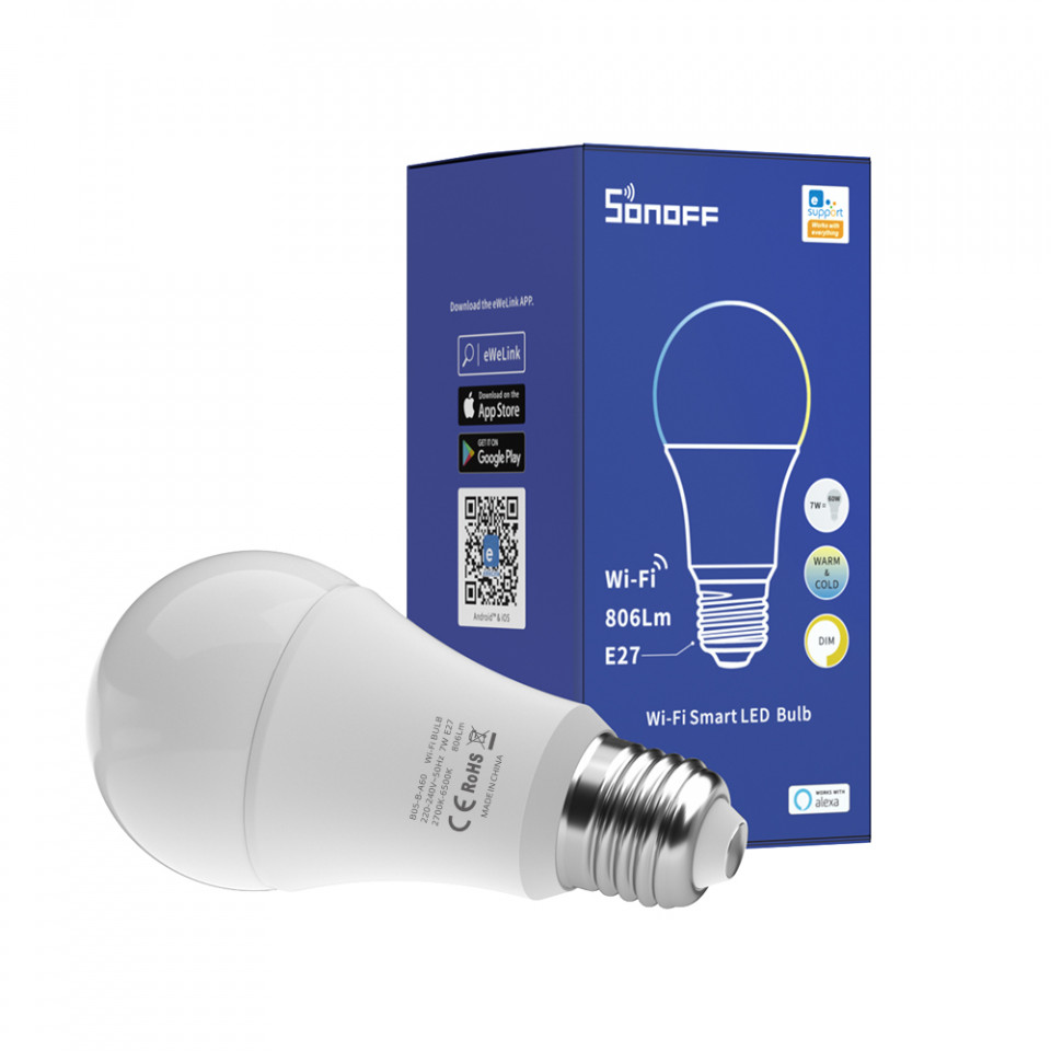 Sonoff Bec Smart LED B02-B-A60, Control vocal, 9W, E27, 806lm, WiFi