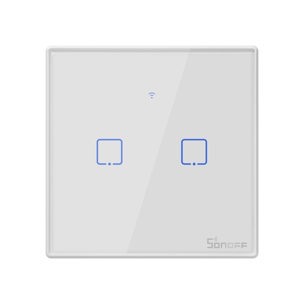 Sonoff Intrerupator inteligent simplu cu touch Sonoff T2EU2C TX, Wi-Fi, 2 canale, compatibil Amazon Alexa si Google Assistant, sticla, Alb