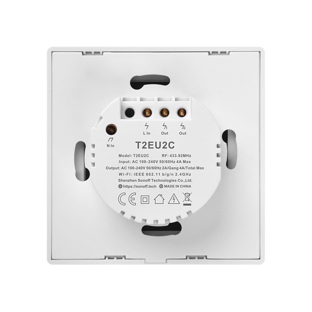 Sonoff Intrerupator inteligent simplu cu touch Sonoff T2EU2C TX, Wi-Fi, 2 canale, compatibil Amazon Alexa si Google Assistant, sticla, Alb