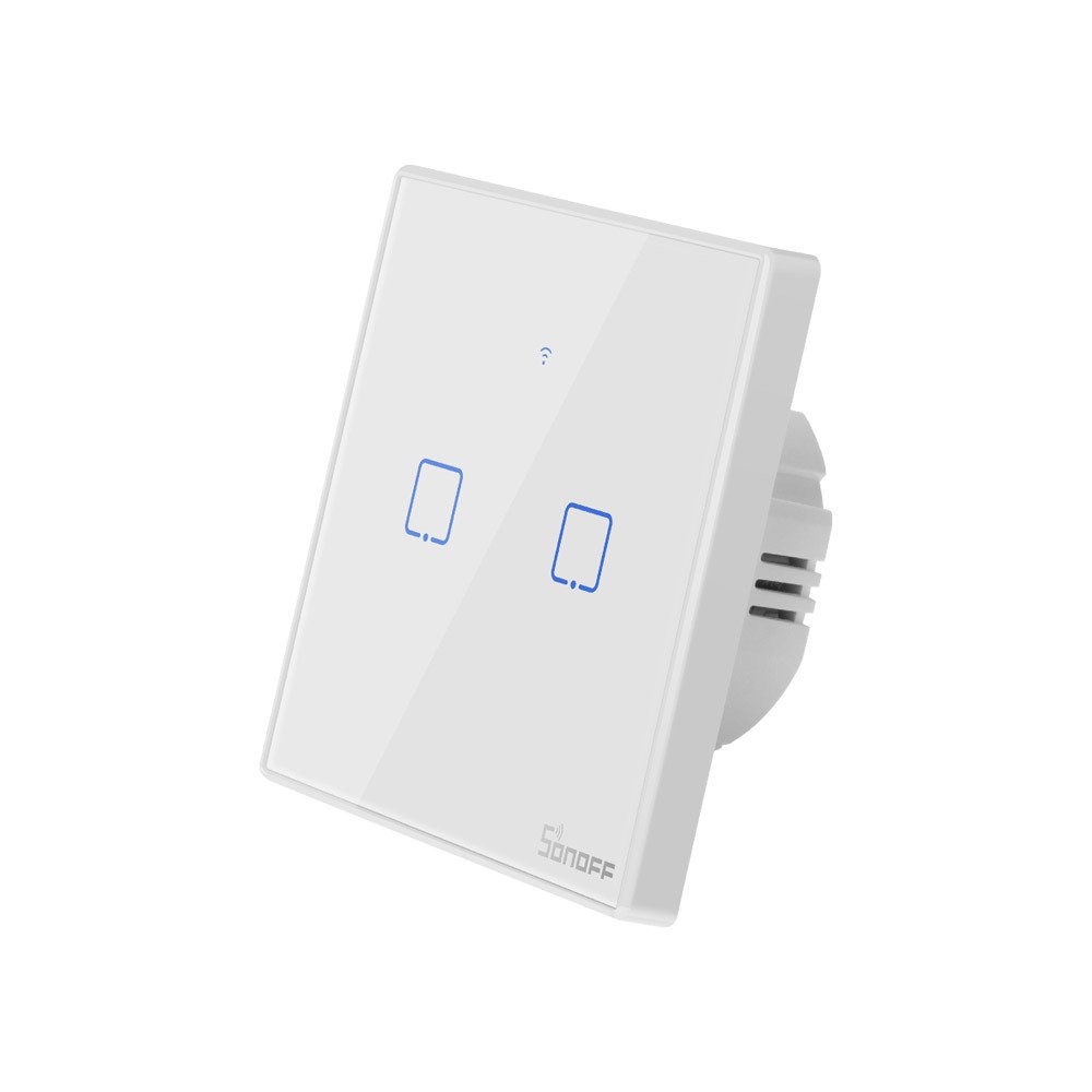 Sonoff Intrerupator inteligent simplu cu touch Sonoff T2EU2C TX, Wi-Fi, 2 canale, compatibil Amazon Alexa si Google Assistant, sticla, Alb