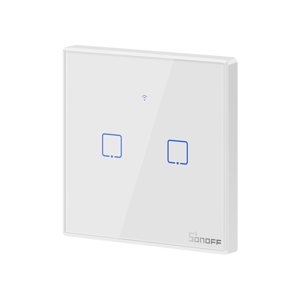 Sonoff Intrerupator inteligent simplu cu touch Sonoff T2EU2C TX, Wi-Fi, 2 canale, compatibil Amazon Alexa si Google Assistant, sticla, Alb